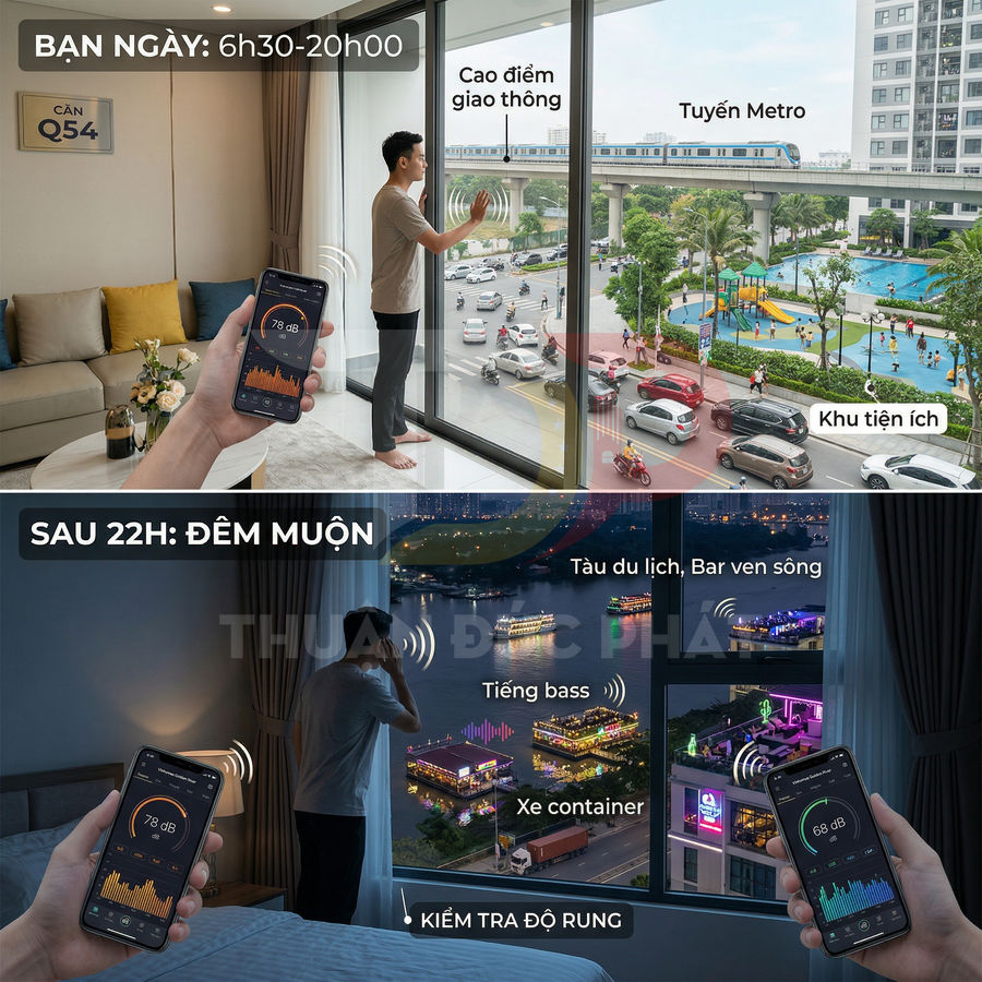 Người đàn ông trong căn hộ dùng smartphone đo độ ồn giao thông và khu vui chơi ngoài cửa sổ ban ngày và ban đêm