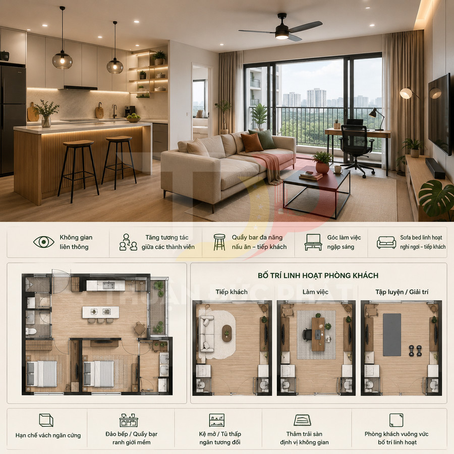 Phòng khách chung cư hiện đại với sofa chữ L, bàn trà, bếp mở liền kề và sơ đồ bố trí nội thất linh hoạt