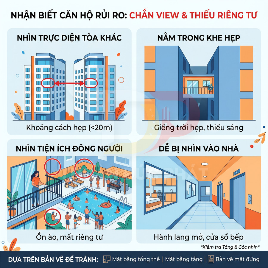 Minh họa các kiểu căn hộ chung cư rủi ro về chắn view và thiếu riêng tư cần tránh