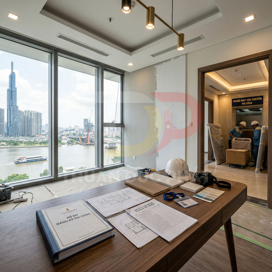 Bàn làm việc với hồ sơ thiết kế, mũ bảo hộ và mẫu vật liệu trong căn hộ đang thi công view sông
