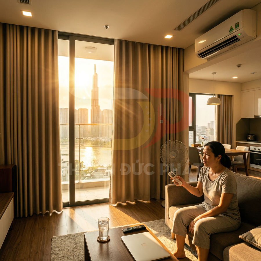 Điều hòa treo tường trong phòng khách chung cư, người phụ nữ dùng điều khiển từ xa bật máy lạnh