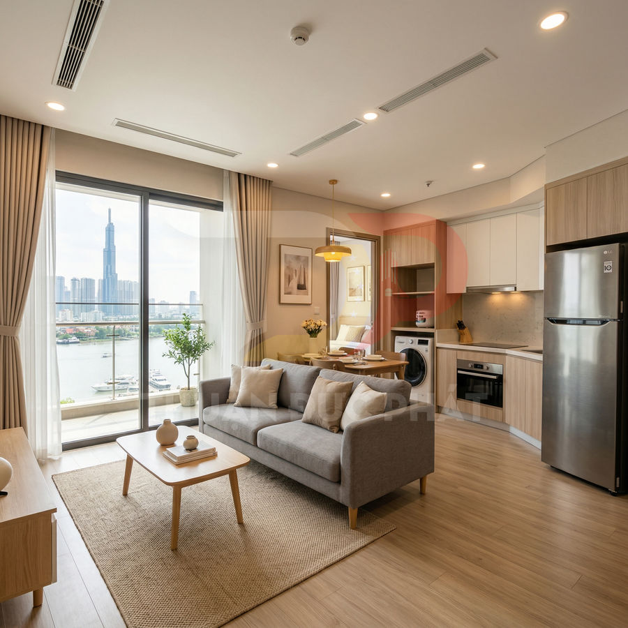 Phòng khách căn hộ hiện đại với sofa xám, bàn trà gỗ, bếp và tủ lạnh LG nhìn ra sông và thành phố