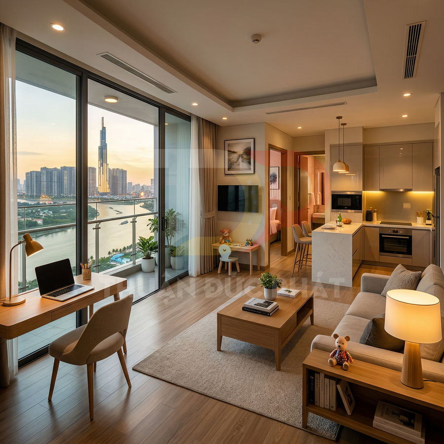 Căn hộ chung cư hiện đại với phòng khách, bếp và bàn làm việc nhìn ra sông và thành phố lúc hoàng hôn