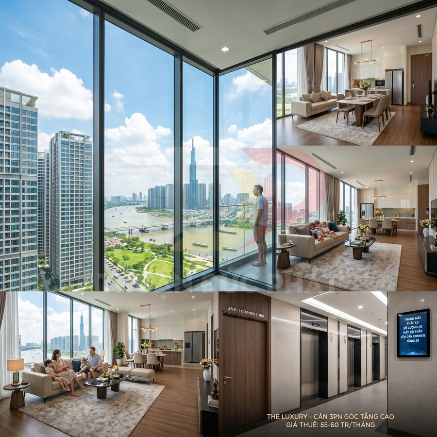Căn hộ cao cấp 3 phòng ngủ góc tầng cao với cửa kính lớn view sông và nội thất sang trọng