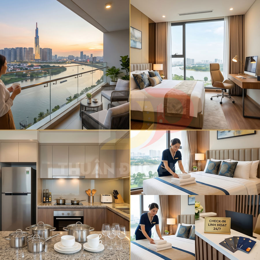 Căn hộ dịch vụ cao cấp view sông Sài Gòn với phòng ngủ, bếp đầy đủ tiện nghi và dịch vụ dọn phòng chuyên nghiệp