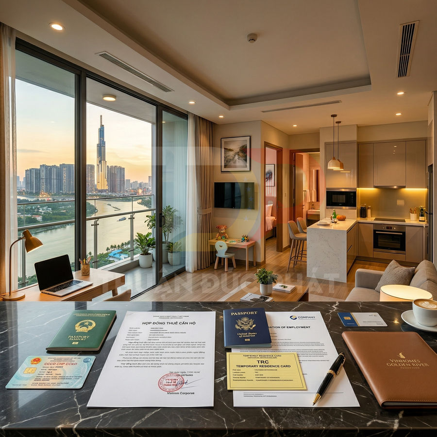 Hợp đồng thuê căn hộ và giấy tờ cư trú đặt trên bàn trong căn hộ cao cấp view sông và Landmark 81