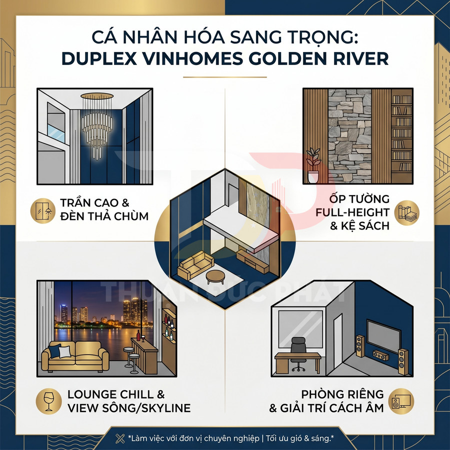 Thiết kế nội thất duplex Vinhomes Golden River sang trọng với trần cao, đèn chùm, lounge view sông và phòng giải trí cách âm