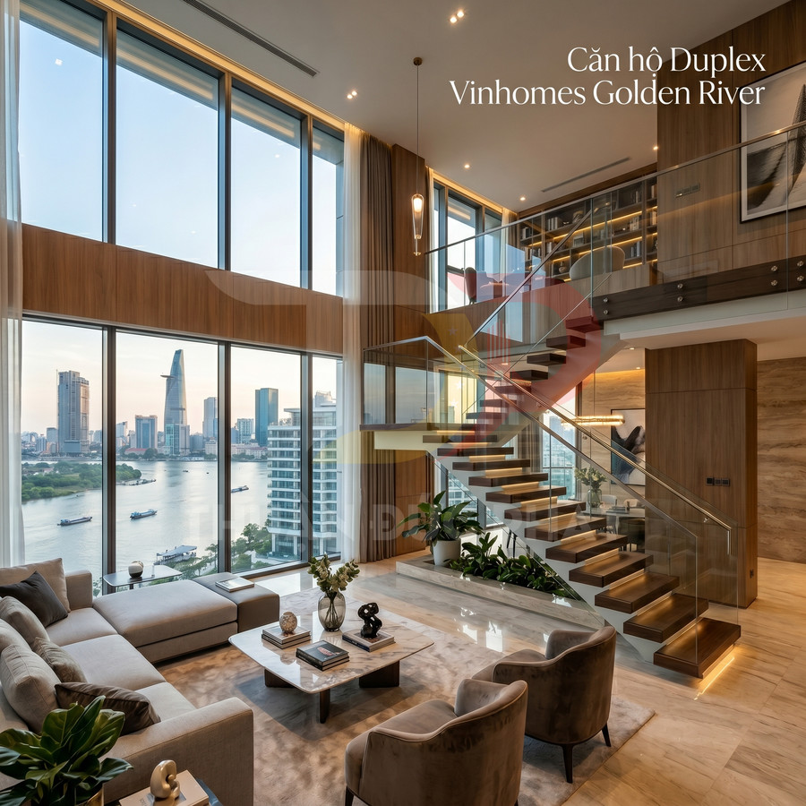 Phòng khách căn hộ duplex Vinhomes Golden River sang trọng với cầu thang gỗ kính và view sông Sài Gòn