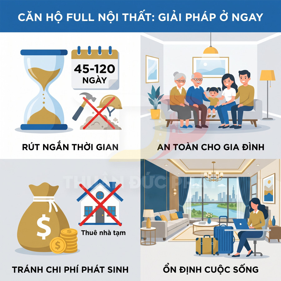 Infographic lợi ích căn hộ full nội thất: rút ngắn thời gian, an toàn gia đình, tránh chi phí phát sinh, ổn định cuộc sống