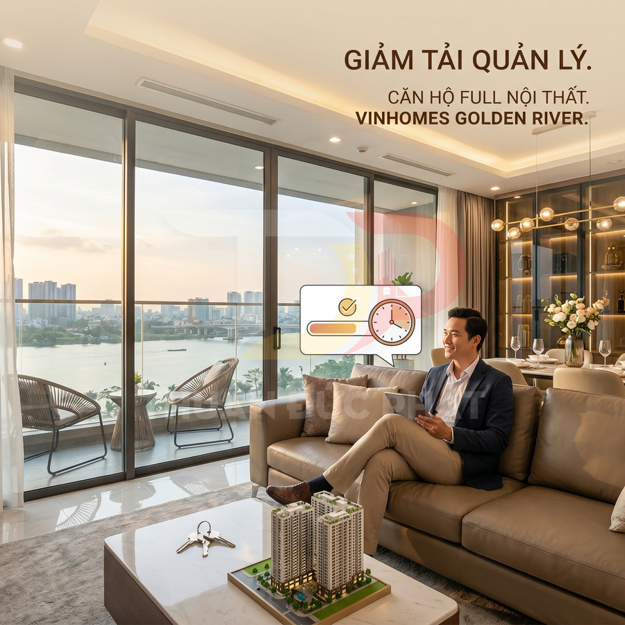 Căn hộ cao cấp Vinhomes Golden River full nội thất, phòng khách view sông rộng với ban công kính