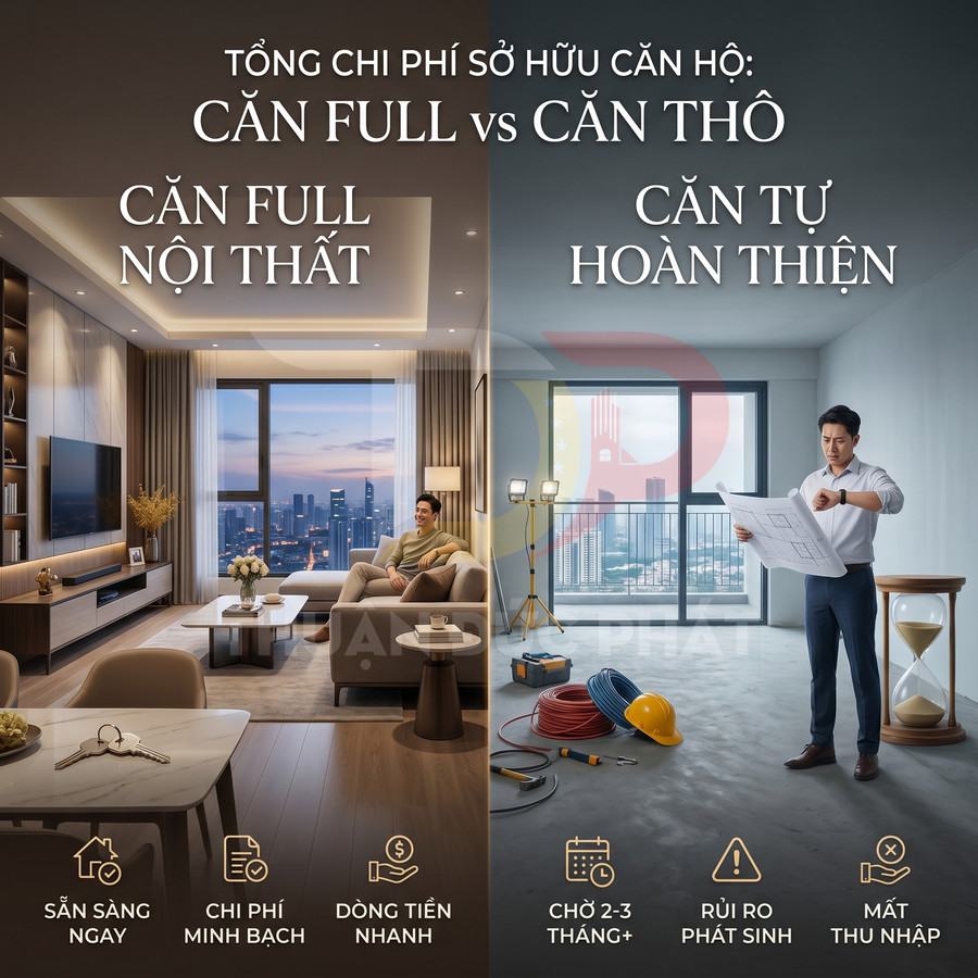 So sánh căn hộ full nội thất hoàn thiện với căn hộ thô tự hoàn thiện, nêu ưu nhược điểm chi phí và thời gian