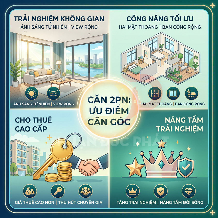 Infographic giới thiệu ưu điểm căn hộ 2 phòng ngủ căn góc: không gian sáng, công năng tối ưu, cho thuê cao cấp, nâng tầm trải nghiệm