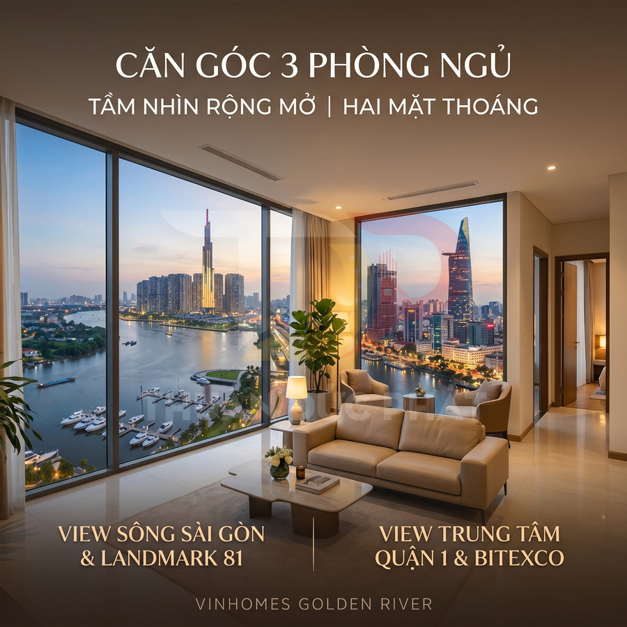 Căn hộ góc 3 phòng ngủ Vinhomes Golden River với phòng khách sang trọng view sông Sài Gòn và Landmark 81