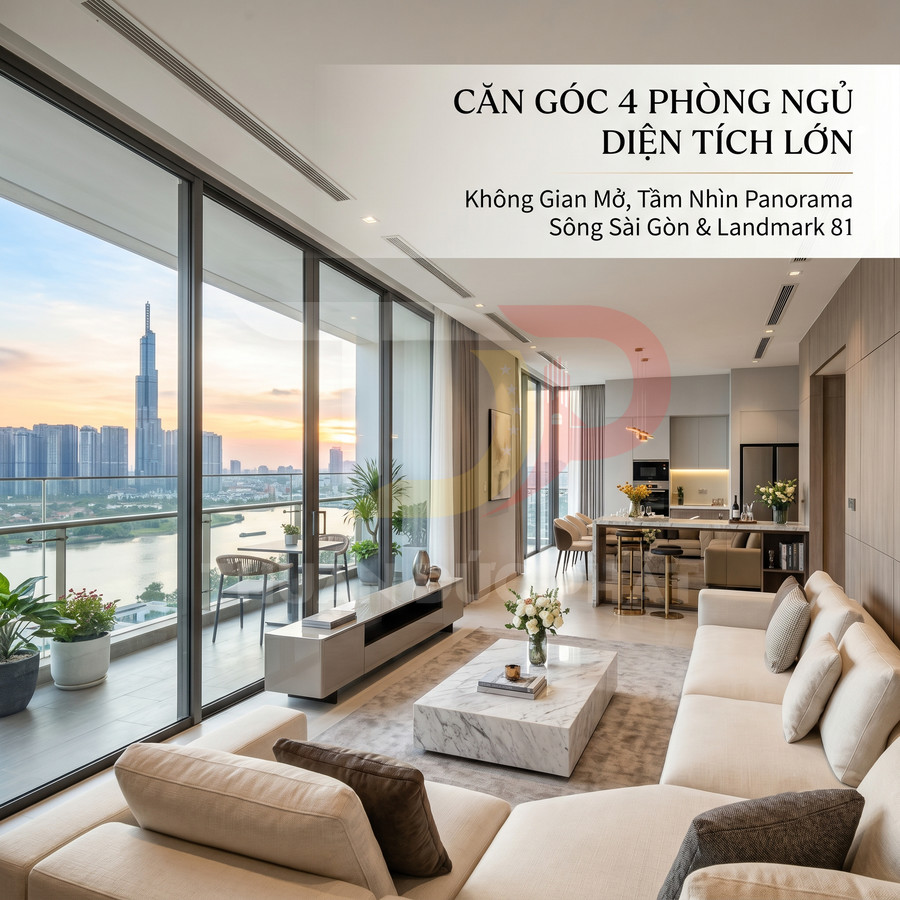 Căn hộ cao cấp 4 phòng ngủ với phòng khách rộng, nội thất hiện đại và ban công kính view sông Sài Gòn và Landmark 81