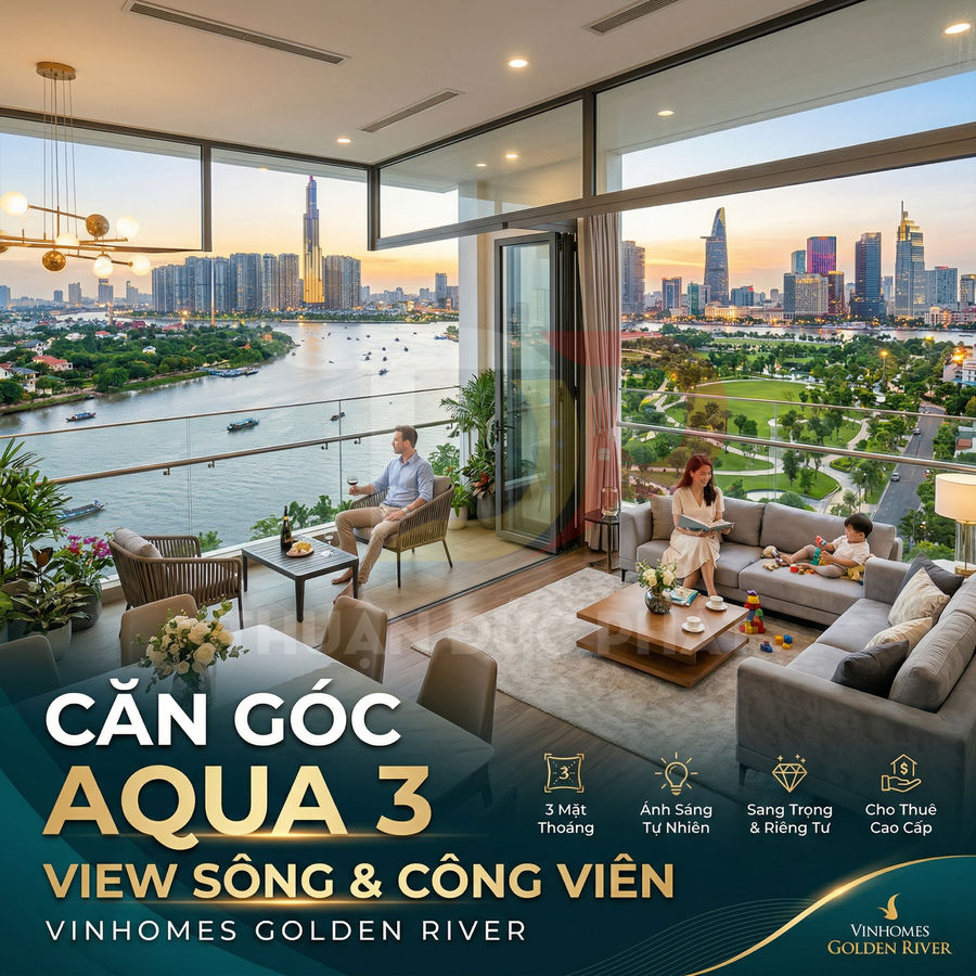 Căn hộ góc Aqua 3 Vinhomes Golden River với phòng khách rộng, ban công view sông và công viên, nội thất cao cấp