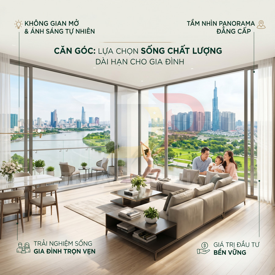 Căn hộ cao cấp góc view sông và thành phố, phòng khách rộng thoáng với gia đình trẻ thư giãn trên sofa