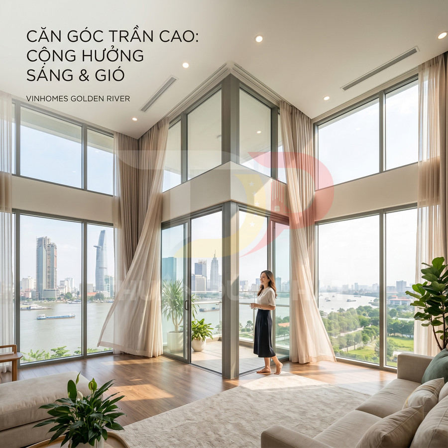 Căn hộ góc trần cao Vinhomes Golden River với cửa kính lớn view sông và thành phố, nội thất hiện đại sáng thoáng