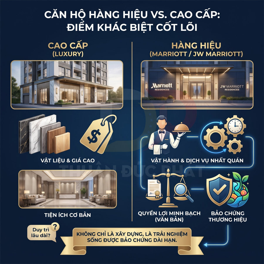 So sánh căn hộ cao cấp với căn hộ hàng hiệu Marriott và JW Marriott về vật liệu, tiện ích, dịch vụ và bảo chứng thương hiệu