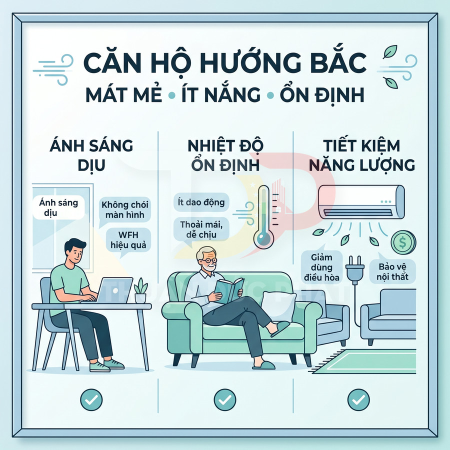 Infographic lợi ích căn hộ hướng Bắc với ánh sáng dịu, nhiệt độ ổn định và tiết kiệm năng lượng