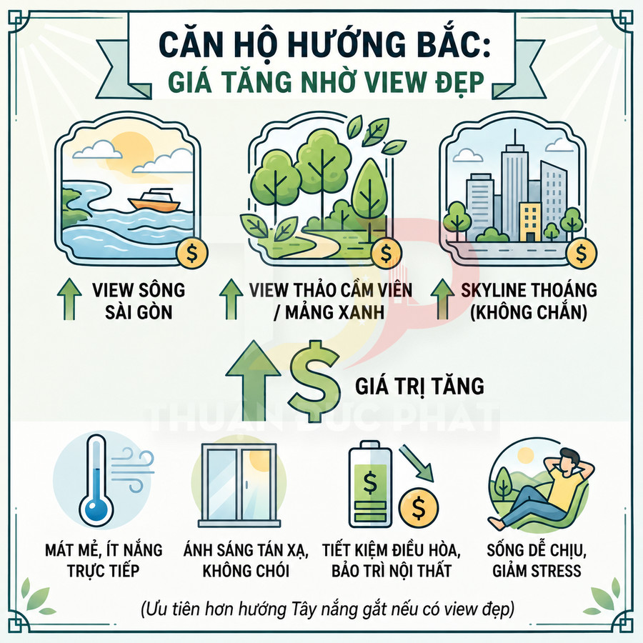 Infographic lợi ích căn hộ hướng Bắc với view sông Sài Gòn, mảng xanh, skyline thoáng giúp tăng giá trị và sống dễ chịu