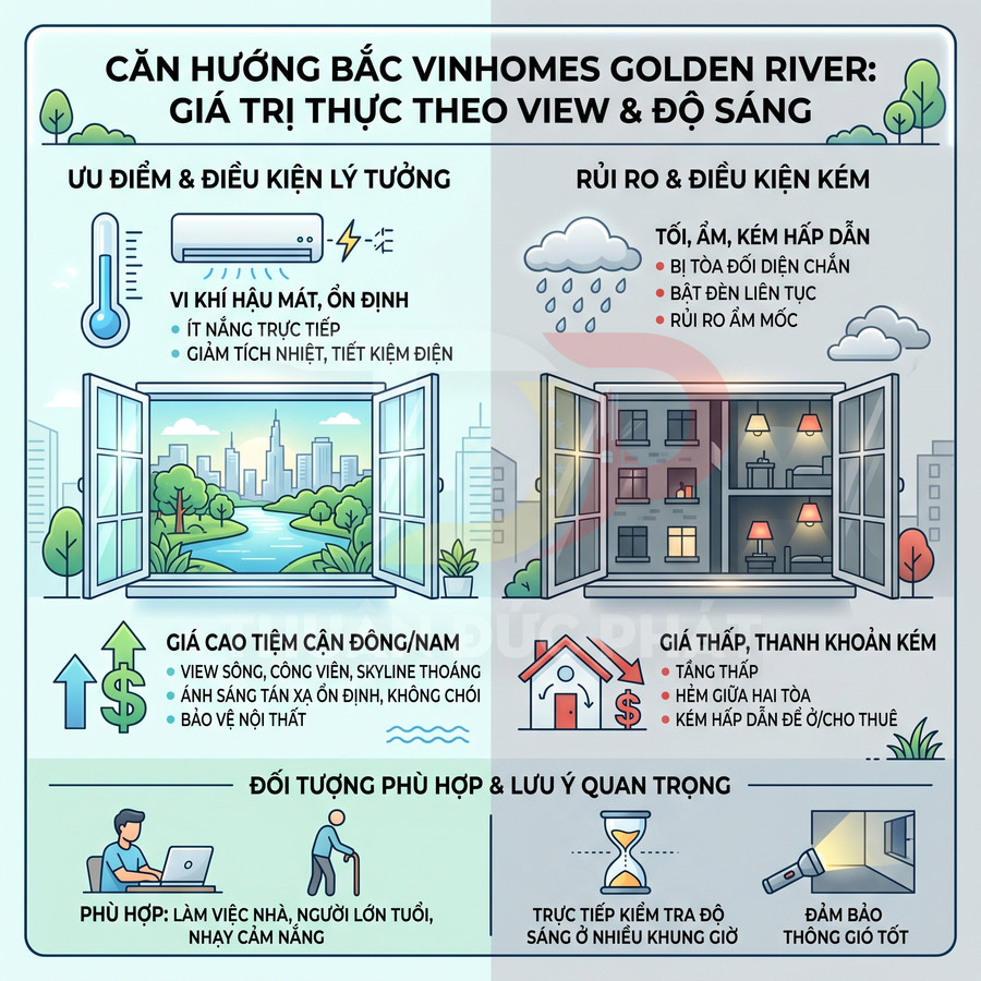 Infographic phân tích ưu nhược điểm căn hộ hướng Bắc Vinhomes Golden River về view, độ sáng và đối tượng phù hợp