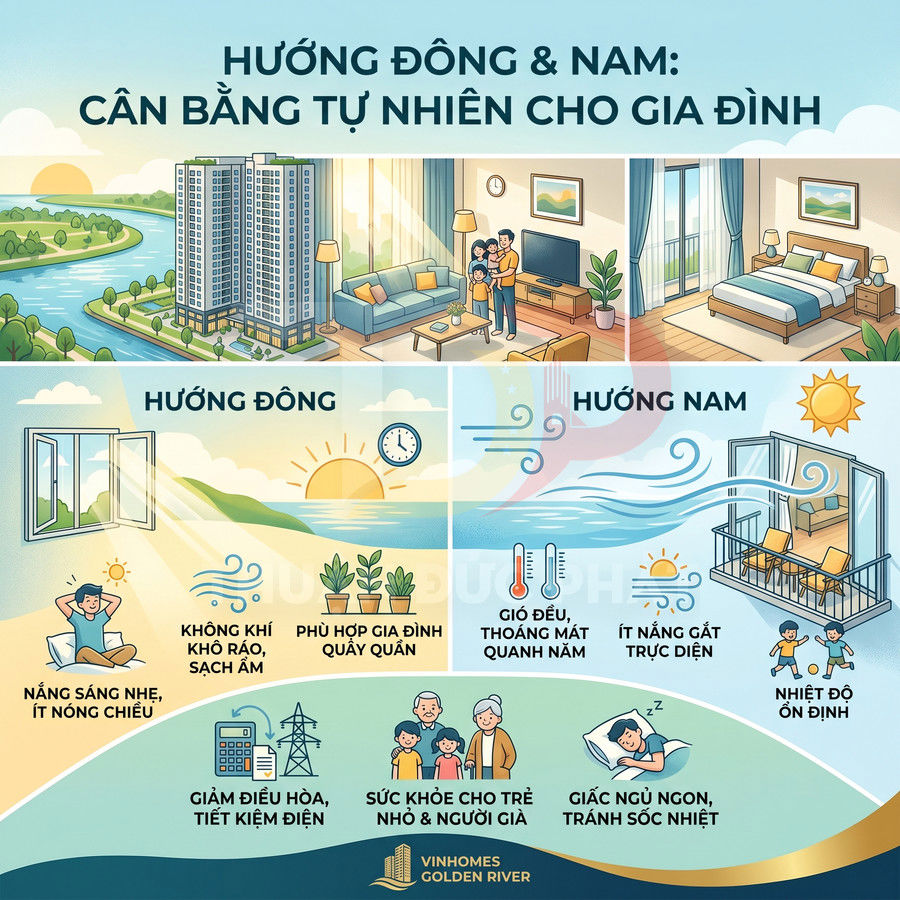 Infographic Vinhomes Golden River giới thiệu lợi ích căn hộ hướng Đông và hướng Nam cho sức khỏe, tiết kiệm điện