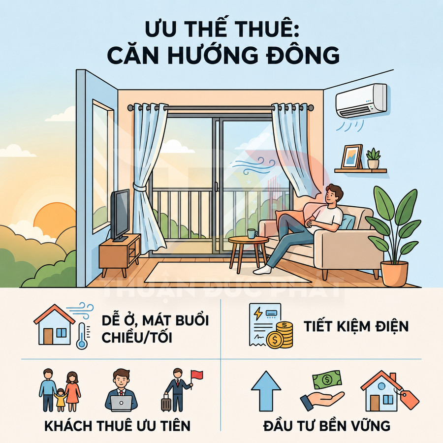 Ưu điểm căn hộ hướng Đông dễ ở mát buổi chiều tối tiết kiệm điện khách thuê ưu tiên đầu tư bền vững