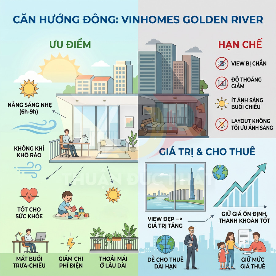 Infographic ưu nhược điểm căn hộ hướng Đông Vinhomes Golden River và giá trị cho thuê, sức khỏe, ánh sáng, thông thoáng