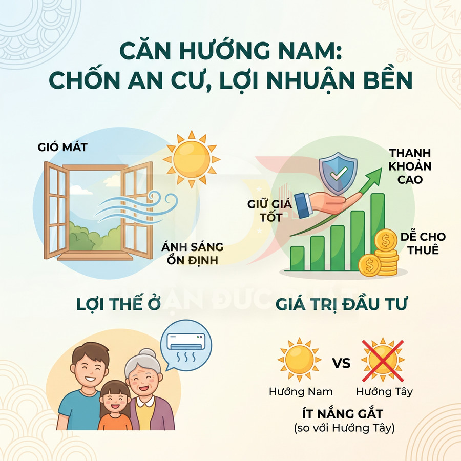 Infographic lợi ích căn hộ hướng Nam với gió mát, ánh sáng ổn định, dễ cho thuê và giá trị đầu tư cao