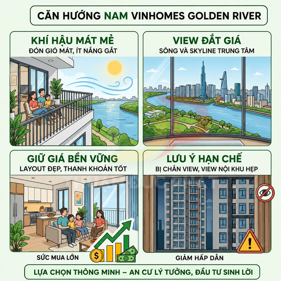 Infographic lợi ích và hạn chế căn hộ hướng Nam tại dự án Vinhomes Golden River bên sông và trung tâm thành phố