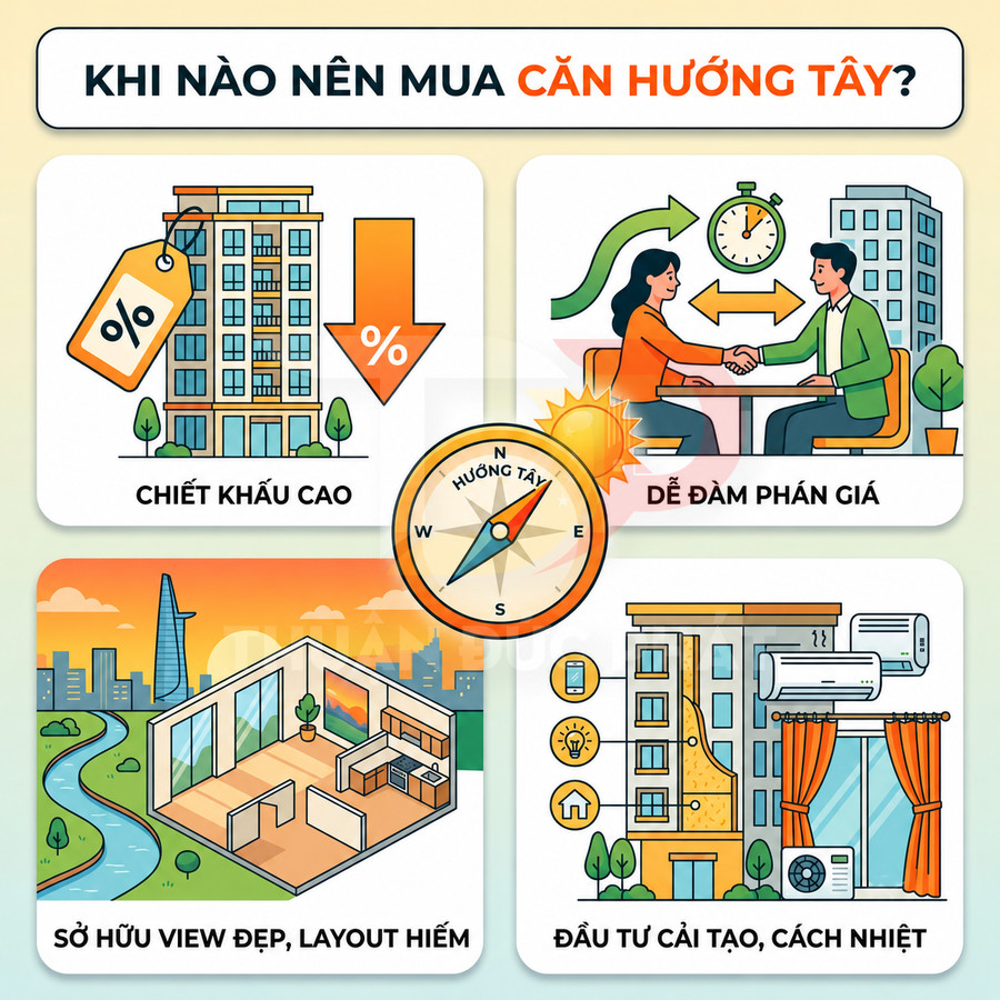 Infographic lợi ích mua căn hộ hướng Tây như chiết khấu cao, dễ đàm phán giá, view đẹp và đầu tư cách nhiệt