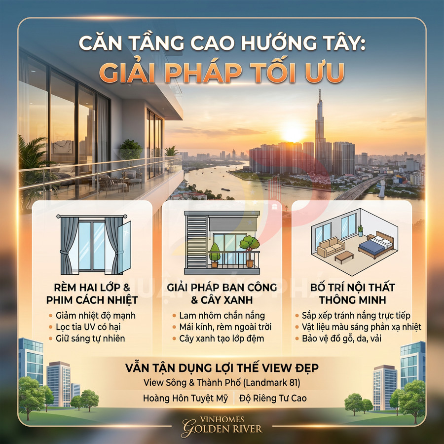 Căn hộ Vinhomes Golden River hướng tây với ban công rộng, rèm cách nhiệt, cây xanh và nội thất tối ưu chống nắng