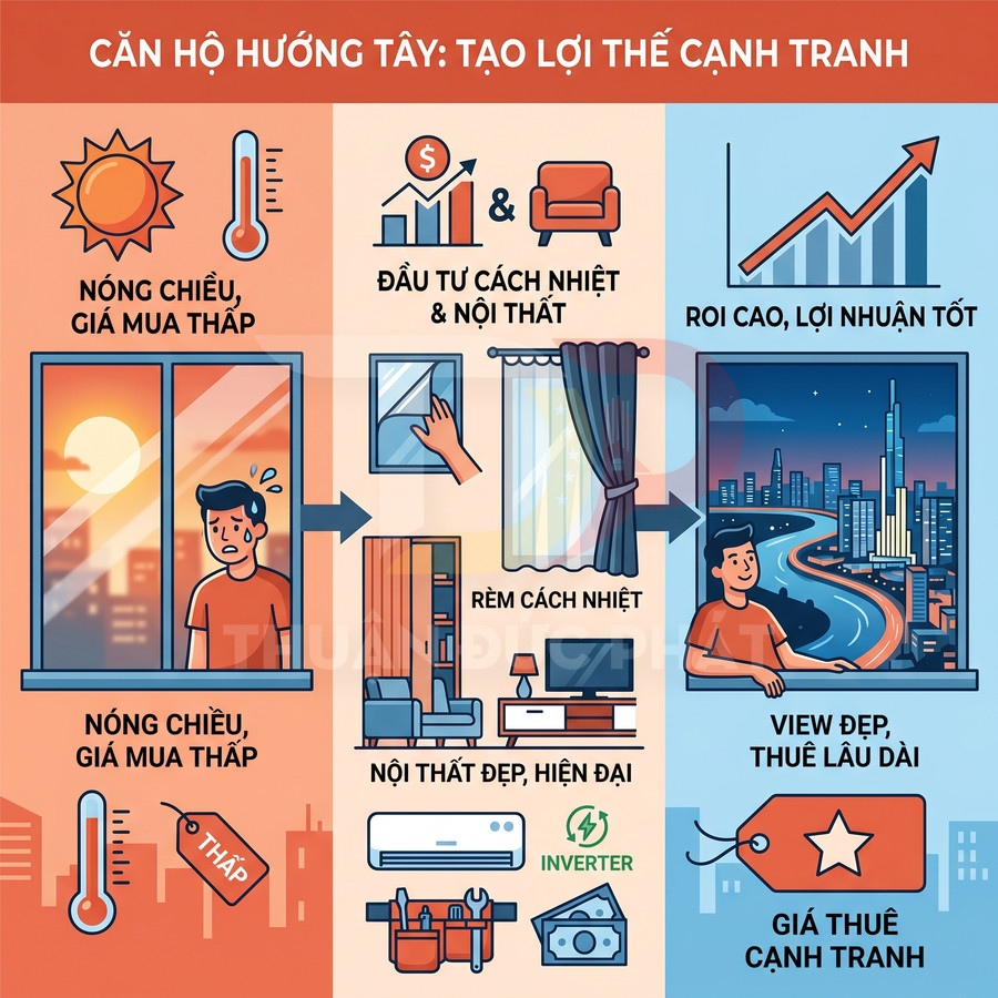 Infographic lợi ích căn hộ hướng tây với rèm cách nhiệt, nội thất hiện đại, điều hòa inverter và giá thuê cạnh tranh