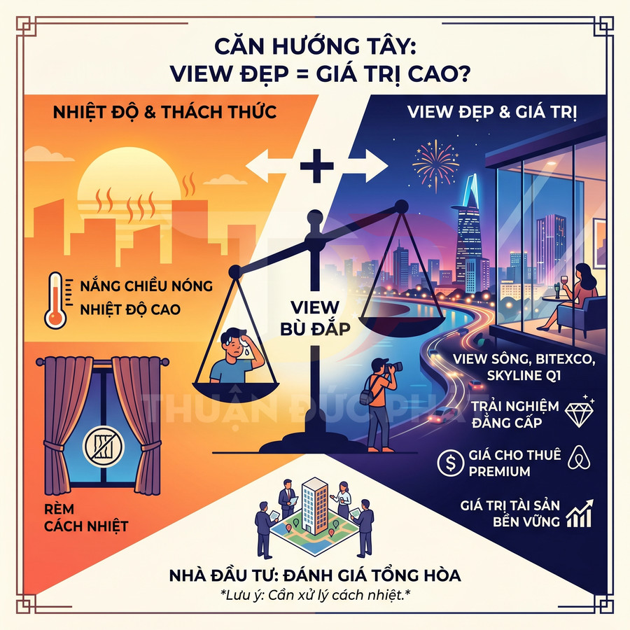 Infographic so sánh nhược điểm nắng nóng hướng tây với lợi ích view đẹp sông và skyline cho nhà đầu tư bất động sản
