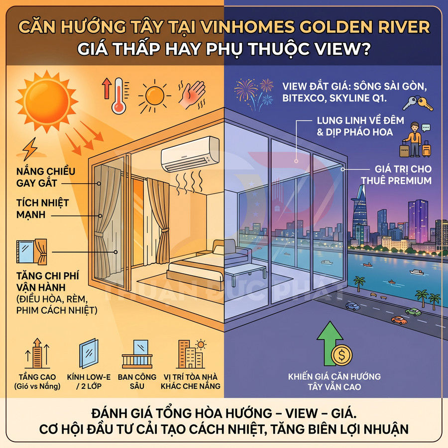 So sánh căn hộ hướng tây Vinhomes Golden River nắng gắt với view sông Sài Gòn và skyline Q1 giá trị cao
