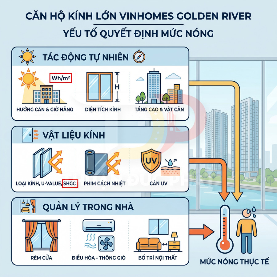 Infographic căn hộ kính lớn Vinhomes Golden River với các yếu tố ảnh hưởng mức nóng và giải pháp vật liệu kính, rèm, điều hòa