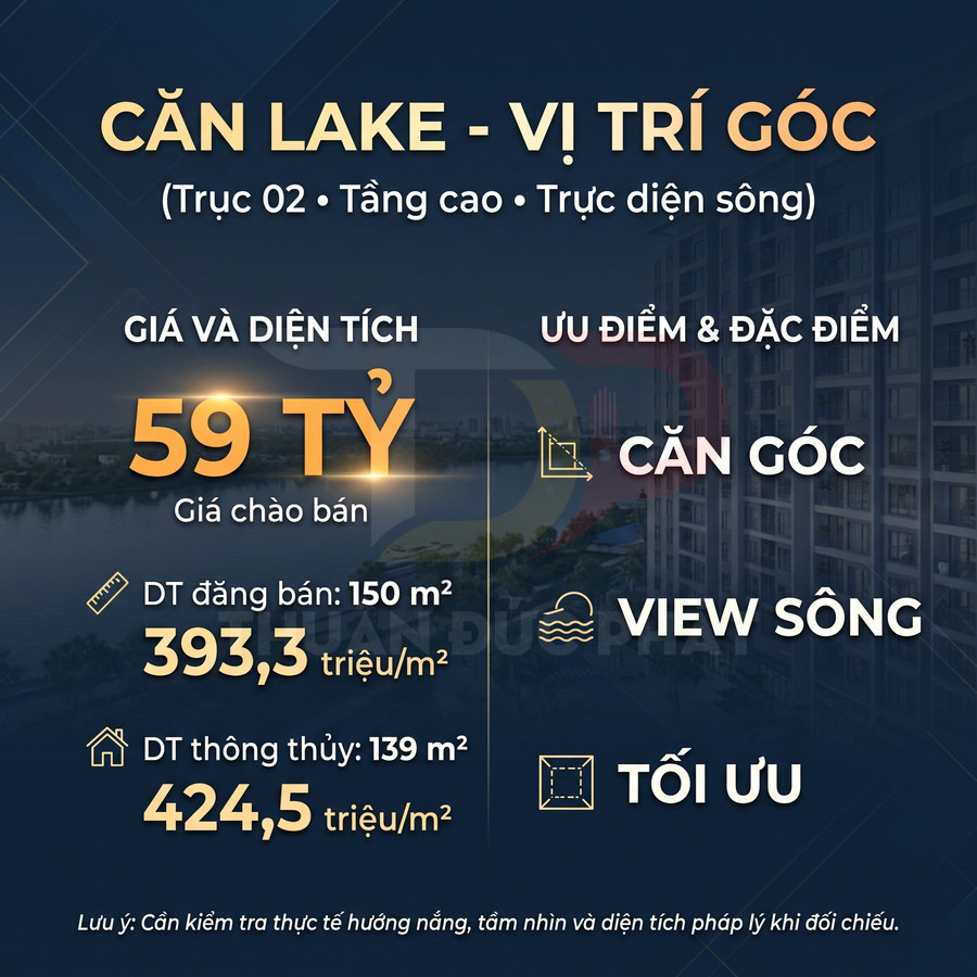 Căn hộ góc Lake diện tích 150 m², giá 59 tỷ đồng, tầng cao và view trực diện sông