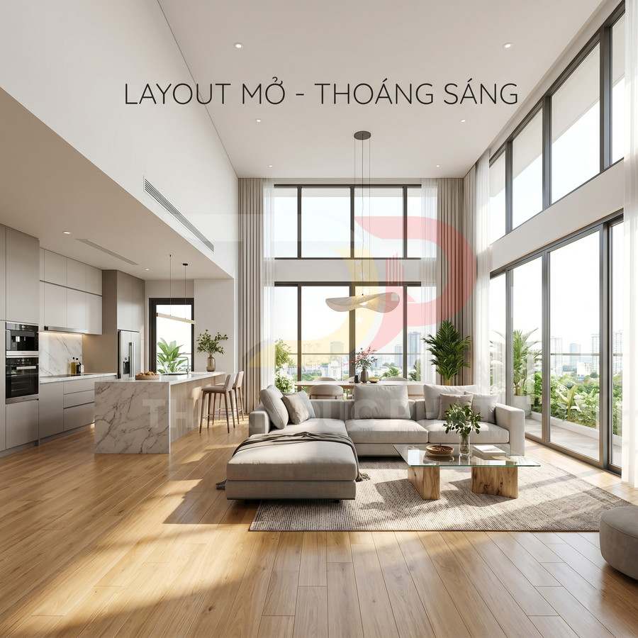 Phòng khách căn hộ cao cấp với sofa chữ L, bếp mở và cửa kính lớn đón nhiều ánh sáng tự nhiên