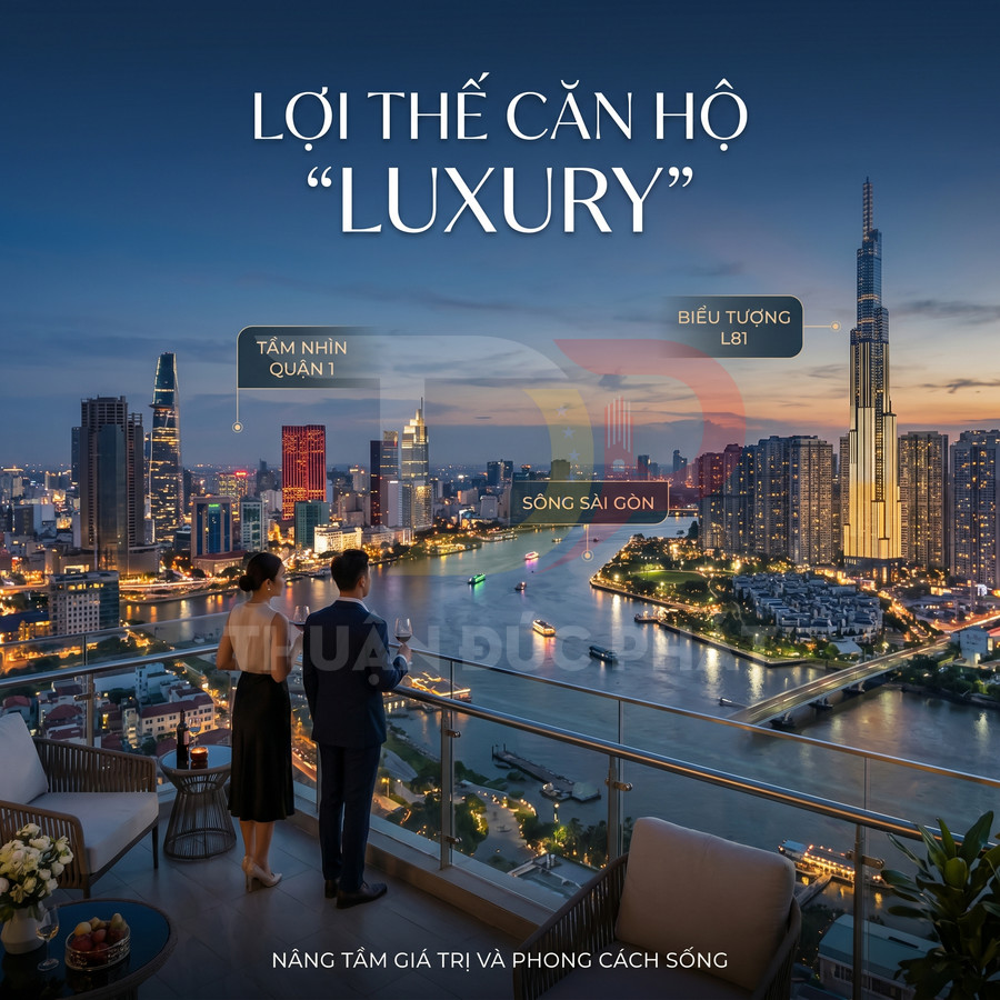 Căn hộ cao cấp view sông Sài Gòn và trung tâm thành phố, cặp đôi thưởng thức rượu vang trên ban công sang trọng