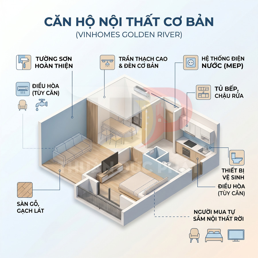 Mặt bằng căn hộ nội thất cơ bản Vinhomes Golden River với bếp, phòng khách, phòng ngủ và nhà vệ sinh