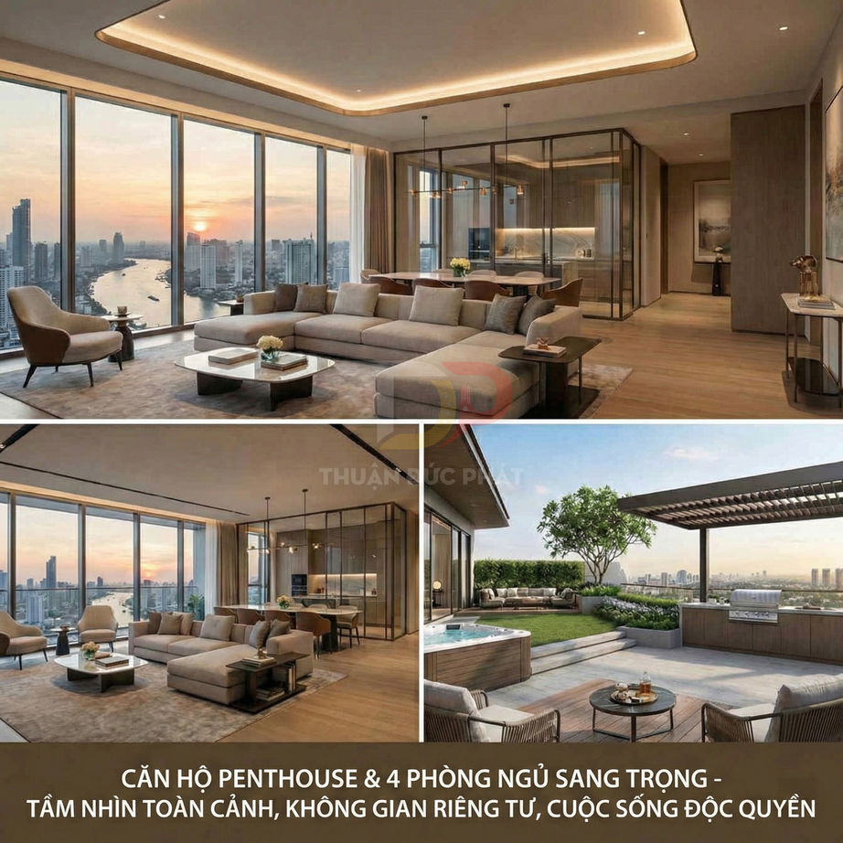 Căn hộ penthouse cao cấp với phòng khách rộng, cửa kính toàn cảnh sông và sân thượng có hồ jacuzzi, khu BBQ ngoài trời