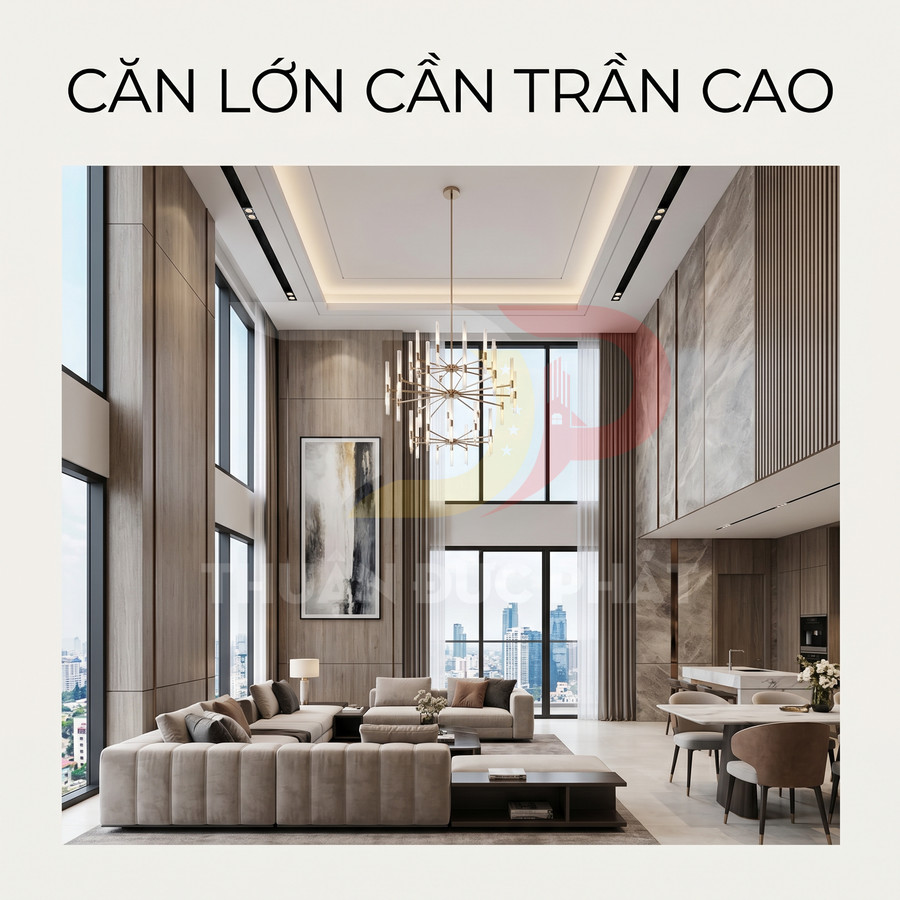 Phòng khách căn hộ trần cao sang trọng với sofa lớn, đèn chùm hiện đại và cửa sổ kính toàn cảnh thành phố