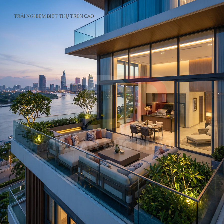Căn hộ cao cấp với ban công rộng, sofa ngoài trời và view sông nhìn ra trung tâm thành phố lúc hoàng hôn