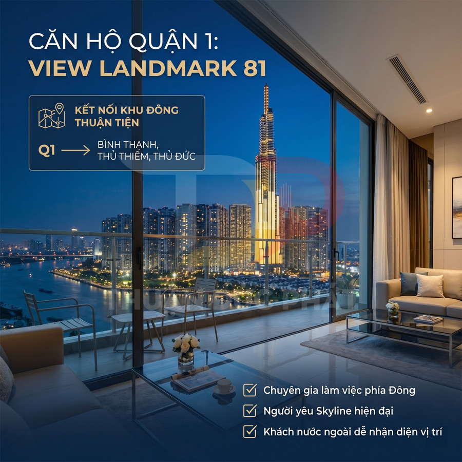Căn hộ cao cấp quận 1 với phòng khách rộng, ban công view Landmark 81 và sông Sài Gòn về đêm