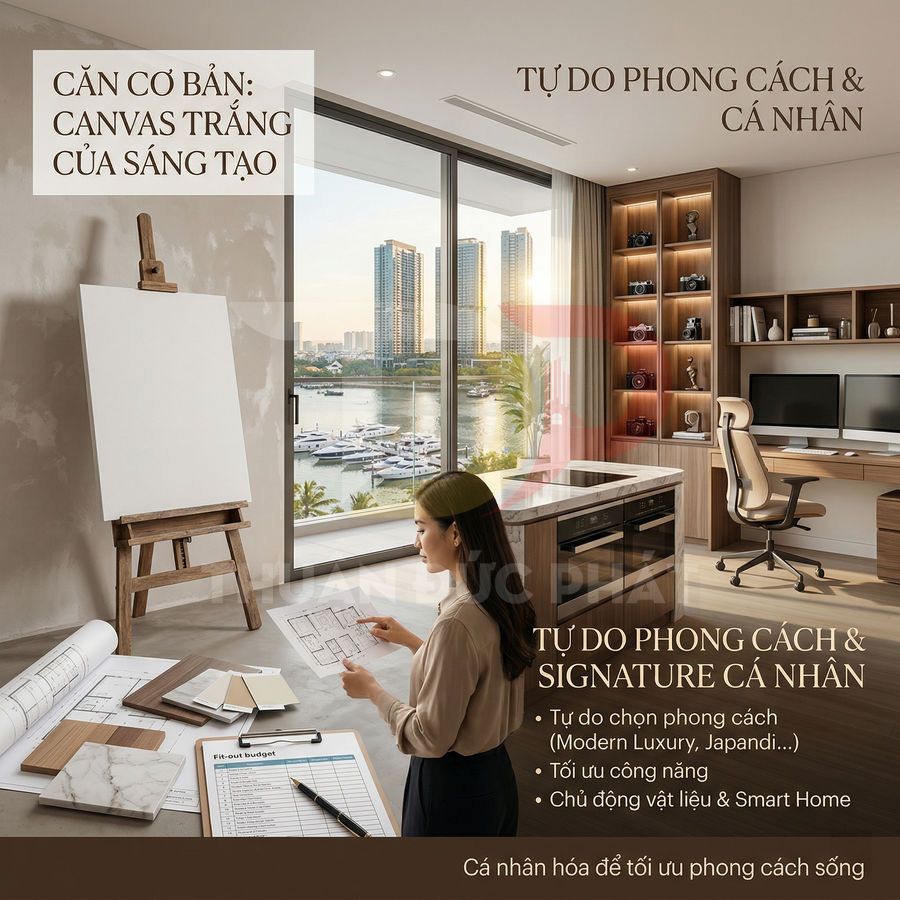 Nội thất căn hộ cao cấp với bàn làm việc, giá sách, cửa sổ lớn nhìn ra bến du thuyền và kiến trúc sư xem bản vẽ