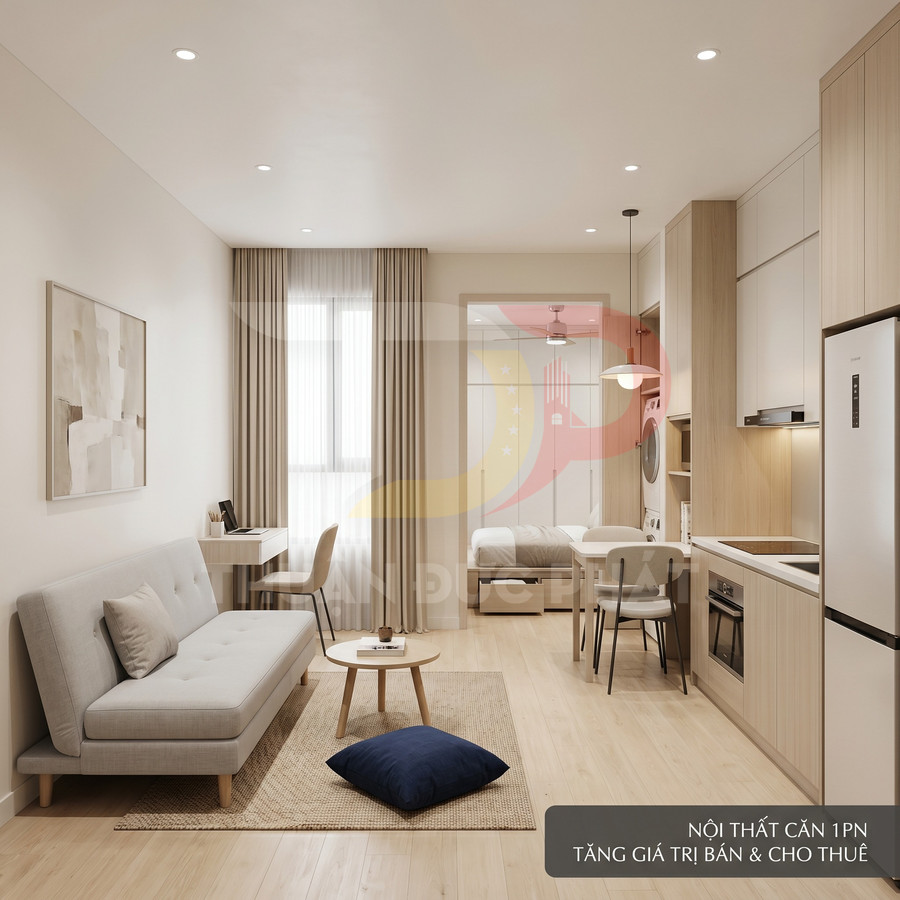 Nội thất căn hộ 1 phòng ngủ hiện đại với sofa xám, bếp nhỏ, bàn làm việc và giường ngủ liền kề