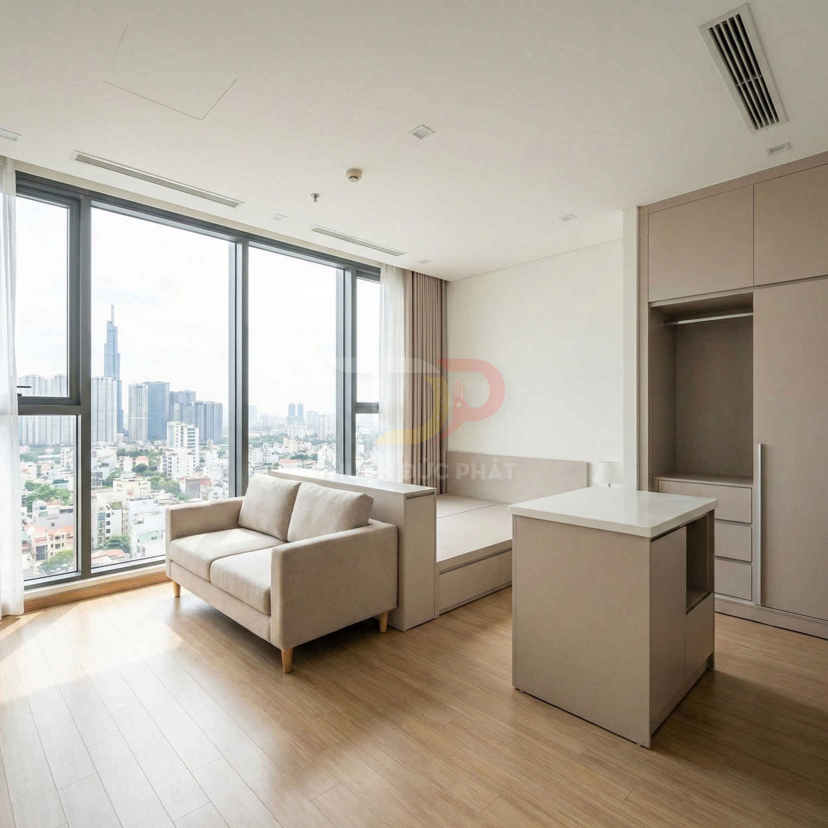 Nội thất căn hộ studio hiện đại với sofa, giường và tủ bếp màu be cạnh cửa sổ lớn view thành phố