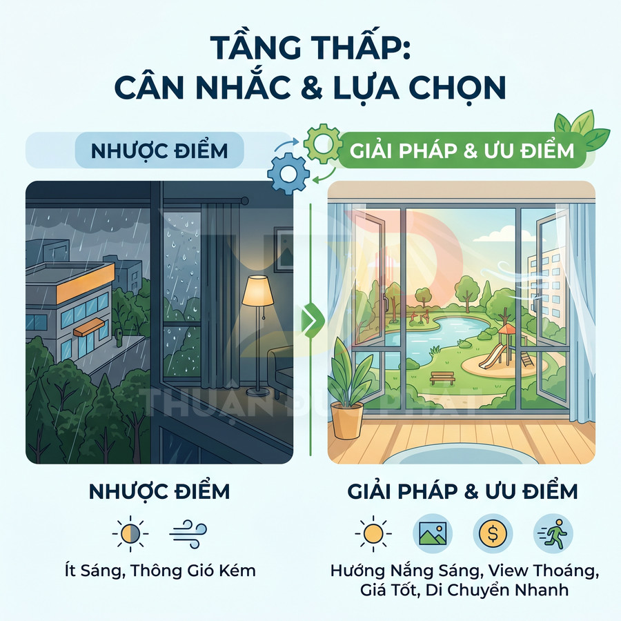 So sánh nhược điểm và ưu điểm căn hộ tầng thấp, minh họa ánh sáng, thông gió và tầm nhìn ra công viên