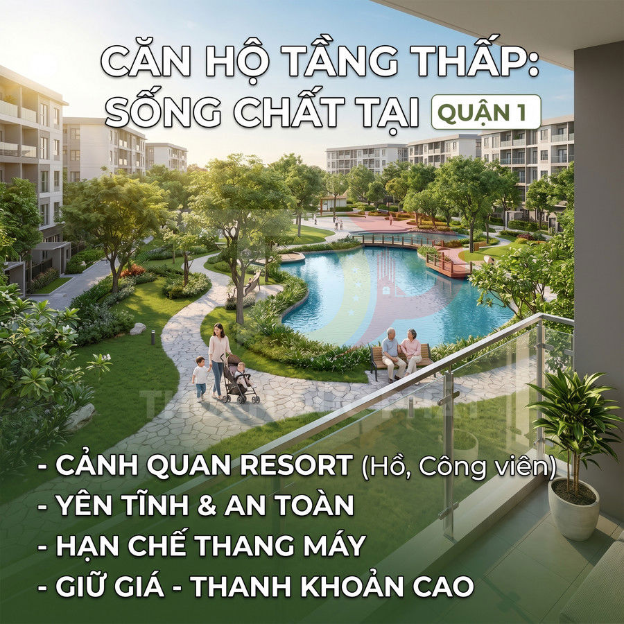 Căn hộ tầng thấp quận 1 với ban công nhìn ra hồ, công viên cây xanh và lối dạo bộ yên tĩnh