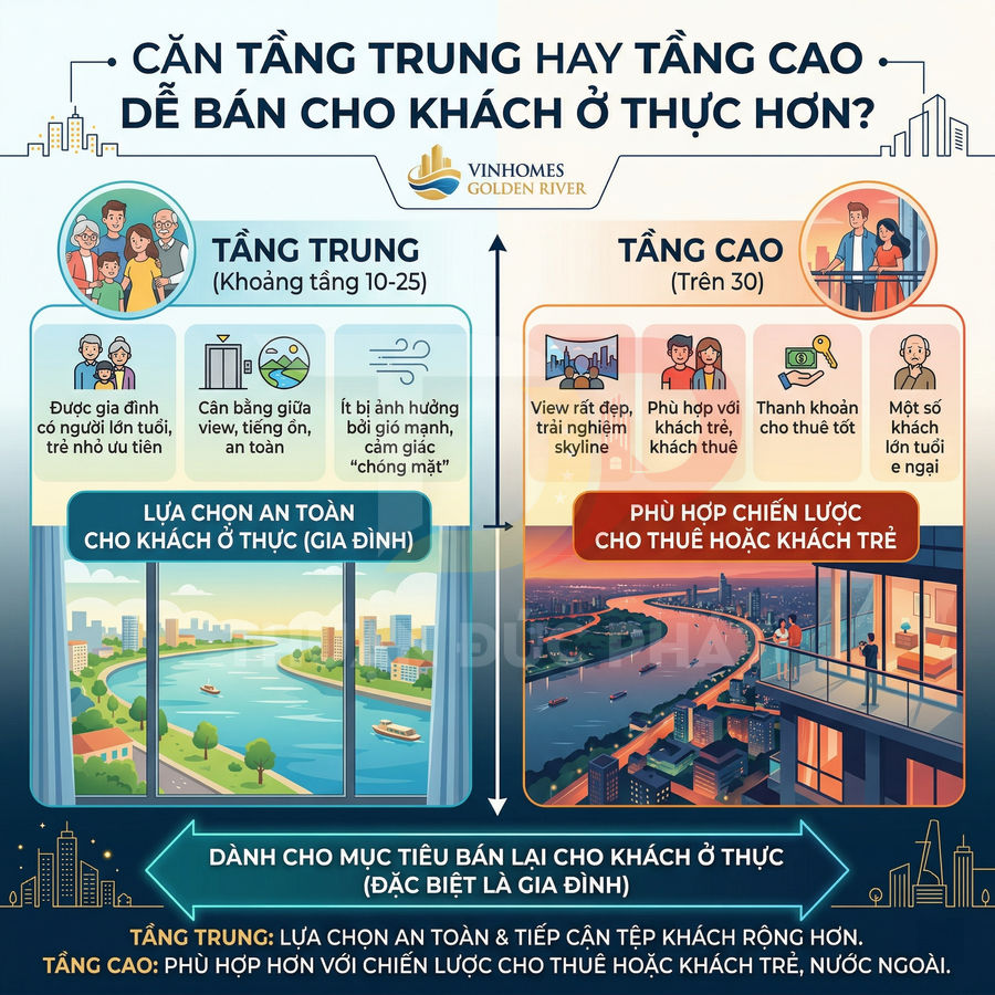 Infographic Vinhomes Golden River so sánh ưu điểm căn hộ tầng trung và tầng cao cho khách ở thực và cho thuê